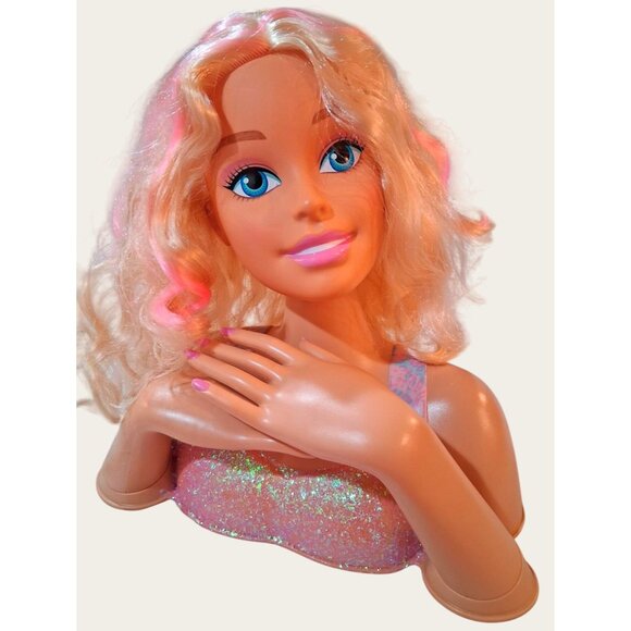 Barbie Blonde Styling Doll Head With Makeup Glittery Top RARE - Picture 1 of 12